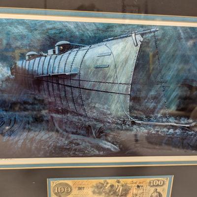 Framed "Moon Light Raider" Print Signed By Larry Arnold WIth Confederate One Hundred Dollar 1862