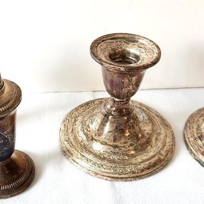 Lot #71 Lot of 2 Sterling Silver Candlesticks and Sterling Salt/Pepper set