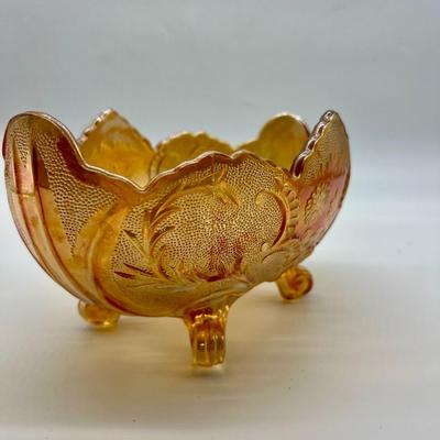 Vintage Jeanette Lombardi Marigold Carnival Glass Footed Bowl