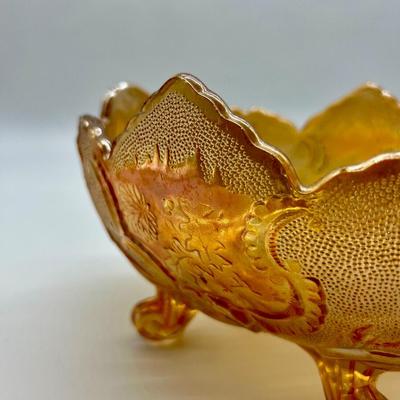 Vintage Jeanette Lombardi Marigold Carnival Glass Footed Bowl