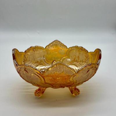 Vintage Jeanette Lombardi Marigold Carnival Glass Footed Bowl