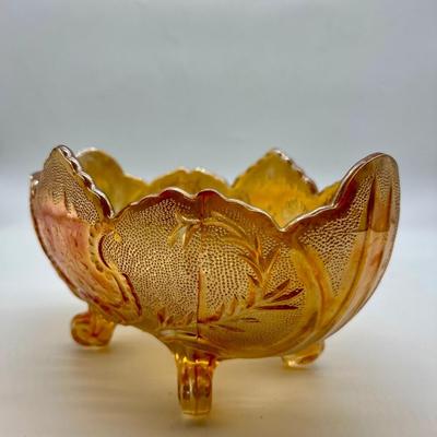 Vintage Jeanette Lombardi Marigold Carnival Glass Footed Bowl