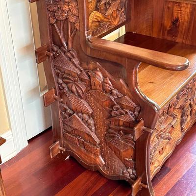 Solid Wood Carved Central American Chair with Storage