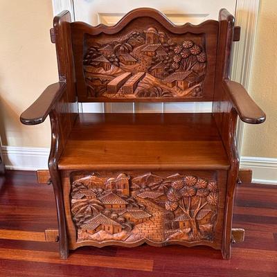 Solid Wood Carved Central American Chair with Storage