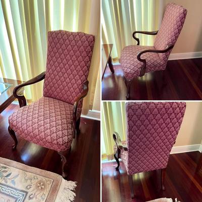 Pair (2) Mahogany Queen Anne Style Upholstered Arm Chairs
