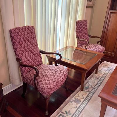 Pair (2) Mahogany Queen Anne Style Upholstered Arm Chairs