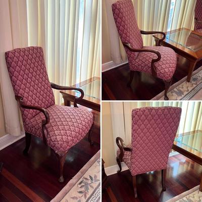 Pair (2) Mahogany Queen Anne Style Upholstered Arm Chairs