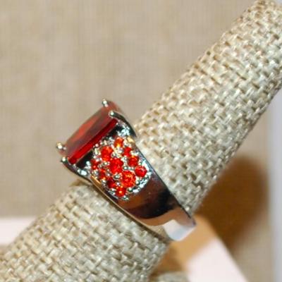 Size 8 Deep Red Emerald Cut Center Stone Ring and Red Accents Stone on a .925 Silver Band (6.8g)