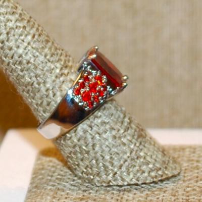 Size 8 Deep Red Emerald Cut Center Stone Ring and Red Accents Stone on a .925 Silver Band (6.8g)