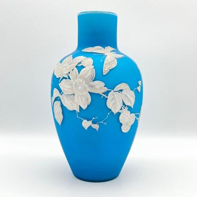 9” Frosted Blued Blue Floral & Butterfly Art Glass Vase