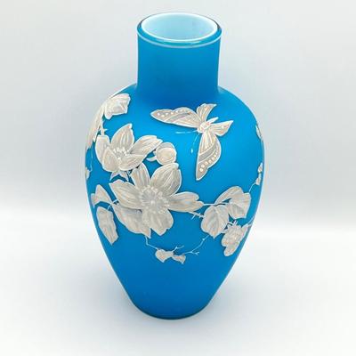 9” Frosted Blued Blue Floral & Butterfly Art Glass Vase