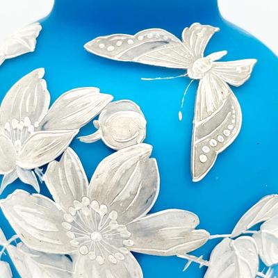 9” Frosted Blued Blue Floral & Butterfly Art Glass Vase