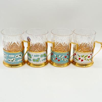 Russian Enameled Podstakannik Tea Glasses ~ Set Of Four (4)