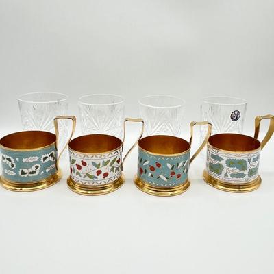 Russian Enameled Podstakannik Tea Glasses ~ Set Of Four (4)