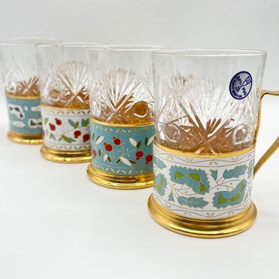 Russian Enameled Podstakannik Tea Glasses ~ Set Of Four (4)