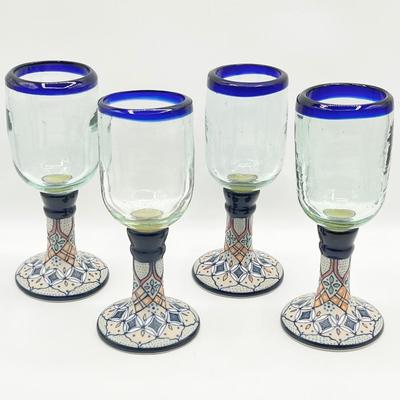 SERVIN MEXICO ~ Hand Blown Glass & Hand Painted Ceramic Base Set Of Four (4) Wine Glasses