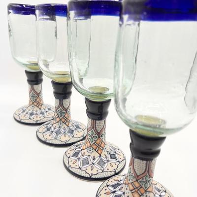SERVIN MEXICO ~ Hand Blown Glass & Hand Painted Ceramic Base Set Of Four (4) Wine Glasses