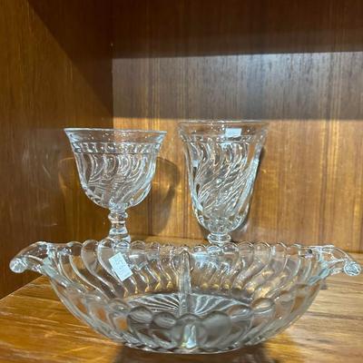 lot of 3 fostoria swirl glass pieces including a devided serving dish.