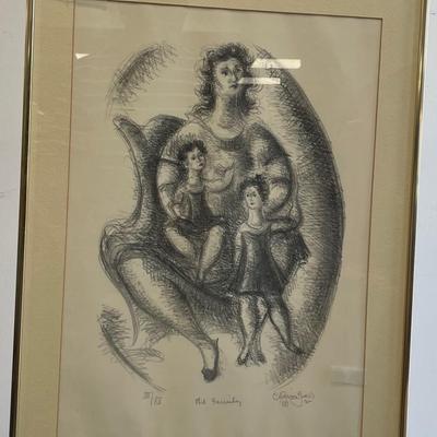 "The Family" Signed Lithograph of Mother and Children by Cham Gross 1969