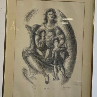 "The Family" Signed Lithograph of Mother and Children by Cham Gross 1969