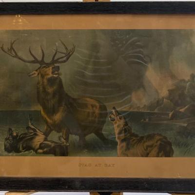 Original Lithograph/Antique Framed "Stag at Bay" Lithograph