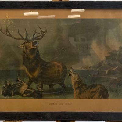 Original Lithograph/Antique Framed "Stag at Bay" Lithograph