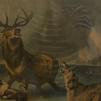 Original Lithograph/Antique Framed "Stag at Bay" Lithograph