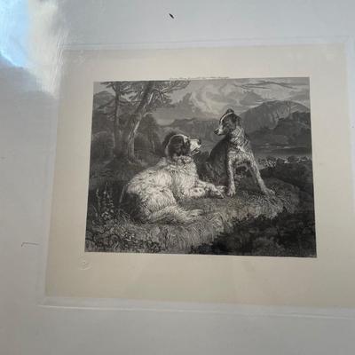 Edward Landseer 1828 Lithograph "Two Dogs on a Grassy Bank", Print by Benjamin Phelps Gibson