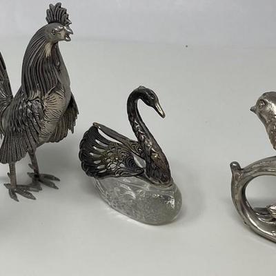 Collection Pair Silverplated Rooster, Swan, and Two Birds Stopper