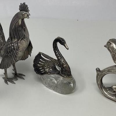 Collection Pair Silverplated Rooster, Swan, and Two Birds Stopper