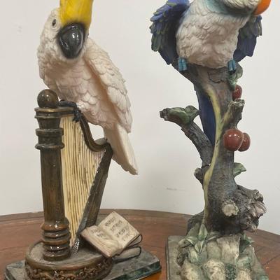 Two Vintage Tropical Parrot on Bench Figurines