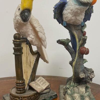 Two Vintage Tropical Parrot on Bench Figurines