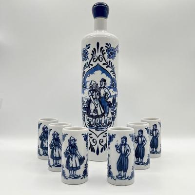 ANHEUSER BUSCH ~ Holand ~ Vtg. Ceramic Cobalt Decanter & Six (6) Cups Set