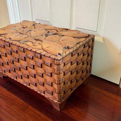 Solid Wood Hand Carved Fish Wicker Style Storage Box
