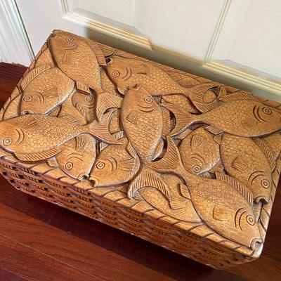 Solid Wood Hand Carved Fish Wicker Style Storage Box
