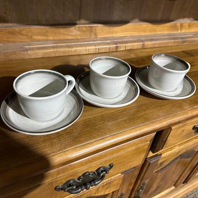 set of 3 Pfaltzgraff Cups and saucers with grey band