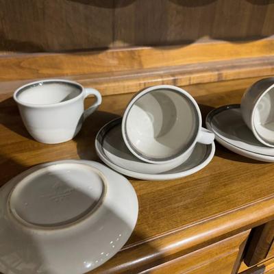 set of 3 Pfaltzgraff Cups and saucers with grey band
