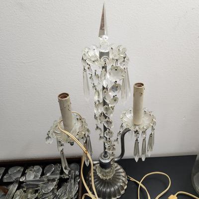 Lot of hanging Crystals and Vintage Crystal Table Lamp