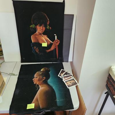 2 Vintage Nude Woman Oil on Velvet painting C.G. Jeng