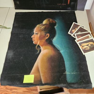 2 Vintage Nude Woman Oil on Velvet painting C.G. Jeng