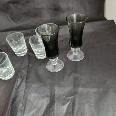 Mid Century Starburst Glass Pitcher Shot Glasses Smoked Glasses