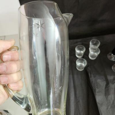 Mid Century Starburst Glass Pitcher Shot Glasses Smoked Glasses