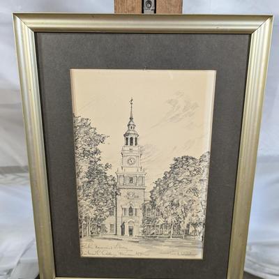 Framed Baker Memorial Library - Dartmouth College Drawing Signed By The Artist