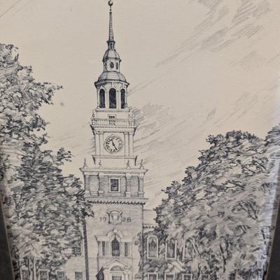 Framed Baker Memorial Library - Dartmouth College Drawing Signed By The Artist