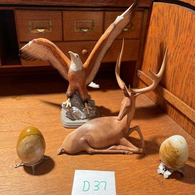 D37-Wood Carving, egg shaped stones and eagle figurine
