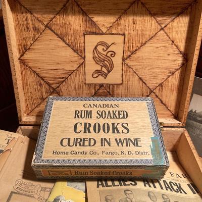D40-wooden box, old newspapers, and photo, etc.