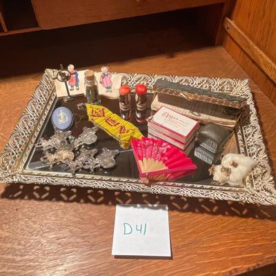 D41-Mirrored Tray, beadwork, pin, etc