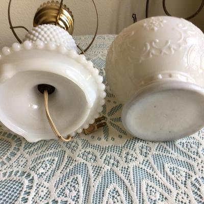 Milk Glass Oil Lamp And Milk Glass Hobnail Electric Lamp