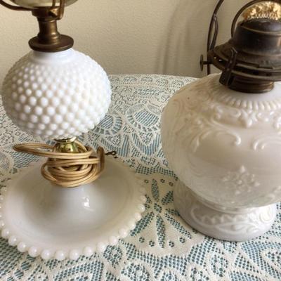 Milk Glass Oil Lamp And Milk Glass Hobnail Electric Lamp