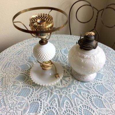 Milk Glass Oil Lamp And Milk Glass Hobnail Electric Lamp